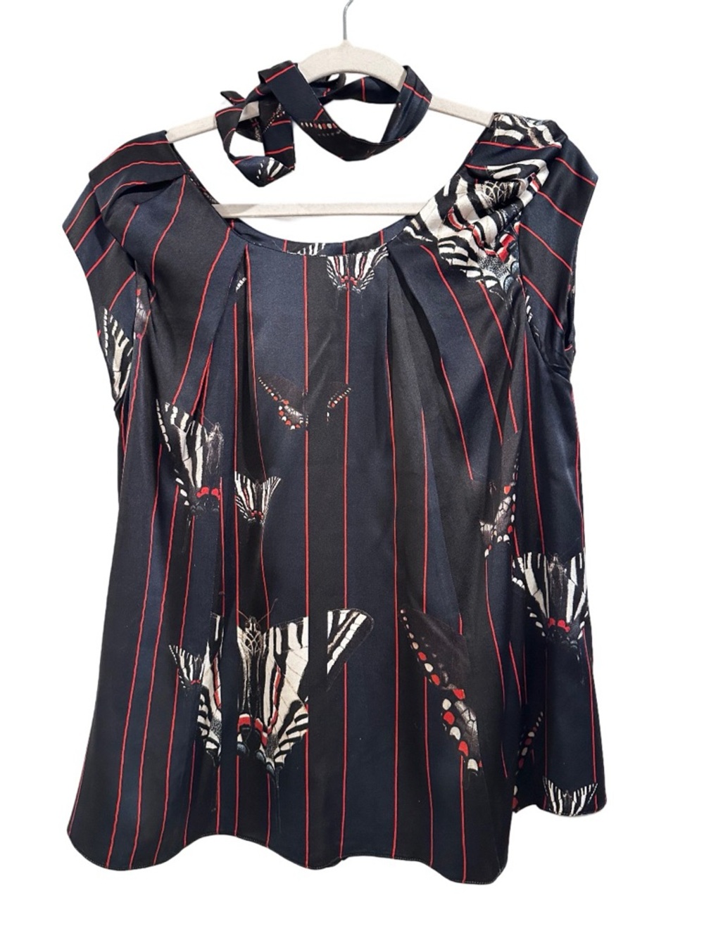 Vintage ERDEM Navy Black Red Stripes Peplum Top Butterflies 100%Silk US 6 EUC - Picture 4 of 16